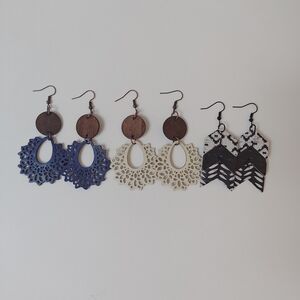 3 Pair Lot Bohemian-style Wooden and Faux Leather Drop Earrings